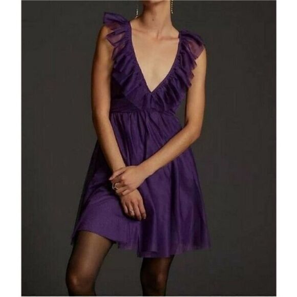 Anthropologie Maeve Ruffled Purple Tulle Mini Dress| Size M - Picture 1 of 10
